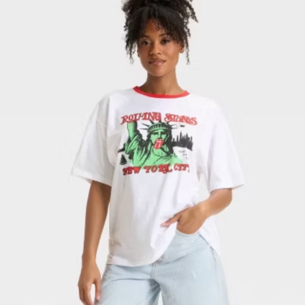 Rolling Stones‎ Ringer Tee Statue Of Liberty NYC White Oversize Small